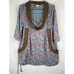 Tracy Porter Womens Paisley Cowl Neck Tunic Top Blue Brown Pockets Size 4-6